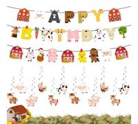 Decoración cumpleaños Granja Infantil 26 Piezas con 2 guirnaldas Feliz cumpleaños, 12 espirales Colgantes y 12 Tarjetas Animales de Papel para Fiesta temática de Animales Granja