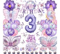 Decoración Cumpleaños Mariposa 3 Año, Globo Número 32 Pulgadas | Globo número 3 32 pulgadas, mariposas XXL moradas, flores, globo redondo, látex, pancarta y decoración tarta