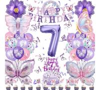 Decoración Cumpleaños Mariposa 7 Año, Globo Número 32 Pulgadas | Globo número 7 32 pulgadas, mariposas XXL moradas, flores, globo redondo, látex, pancarta y decoración tarta