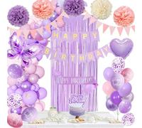 Decoracion Cumpleaños Niñas Mujer, Globos de Cumpleaños Lila Rosa Pastel con Banderín Happy Birthday, Globo de Aluminio Mariposa, Pompones de Papel y Cortinas Foil Decoración de Cumpleaños