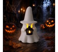 Decoración de bruja blanca sentada en escoba, fantasmas sentados en estantes, figuras de fantasmas iluminadas (fantasma de la batería)