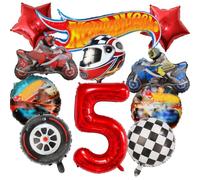 Decoración de cumpleaños de Cars de 5 años, 11 globos de aire para coche, juego de decoración de coches en blanco y negro, globos de carreras a cuadros, globos de coche de carreras, motocicleta