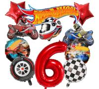 Decoración de cumpleaños de Cars de 6 años, 11 globos de aire para coche, juego de decoración de coches en blanco y negro, globos de carreras a cuadros, globos de coche de carreras, motocicleta