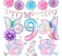 Decoración de cumpleaños mariposa con globos rosa y púrpura niña de 9 años | El kit contiene 57 accesorios: globos, pancartas cintas, pompones de papel, decoraciones para tartas