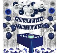 Decoración de cumpleaños para hombre, pancarta de feliz cumpleaños, globos de confeti, azul marino, plata y blanco, globos de látex, decoración para tartas, pompones para niñas, jóvenes, mujeres