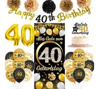 Decoración para 40 cumpleaños hombre mujer - 28 unidades negro oro feliz 40 cumpleaños fondos pancartas número 40 globos globos decoración para tartas para él 40 años decoración de fiesta