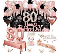 Decoración para 80 cumpleaños para mujer, 49 unidades Black Rose Gold Black Happy 80th Birthday Banner, mantel, decoración de mariposas, corbata y tiara, decoración para tartas, arco de globos