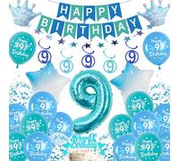 Decoración para 9 cumpleaños de niño azul - 9 globos decoración de cumpleaños Happy Birthday guirnalda decoración para tartas, globos gigantes con números y confeti para 9 años decoración de fiesta
