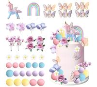 Decoración para Tartas Cumpleaños Unicornio, Decoración de Pastel con 3D Unicornio,Mariposas,Flores, Bolas y Arcoiris, para Fiestas Cumpleaños Infantiles y Baby Showers (A)