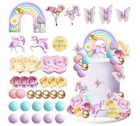 Decoración para Tartas Cumpleaños Unicornio, Decoración de Pastel con 3D Unicornio,Mariposas,Flores, Bolas y Arcoiris, para Fiestas Cumpleaños Infantiles y Baby Showers (B)