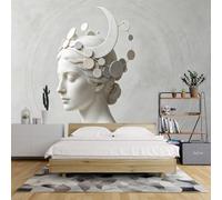 Decoración Pared Mural De Pared Texturizado 3D De La Diosa De Las Fases Lunares Papel Tapiz No Tejido 100X72 Pulgadas Escultura De Yeso De Dama Con Corona Celestial Fondo Circular Minimalista Arte