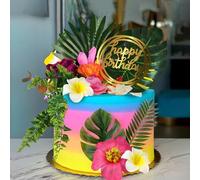Decoracion Tarta Hawaiana Luau Tropical Decoración Tartas Adornos para Pastel Verano Cake Toppers de Flores Hibiscus, Hojas Tropicales para Boda Hawaiana Fiesta en la Playa