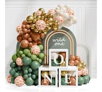 Decoraciones 1er Cumpleaños caja para Niño,3 cajas transparentes con globos verdes y blancos y Letra "UNO",Conjunto De Animales para Baby Shower Cumpleaños Niño decoracion cumpleaños 1 año Babyparty