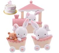 Decoraciones de cumpleaños de conejito, 3 piezas/juego de decoración de tarta de conejito de pegamento suave con mini tren, figura decorativa para decoración de tartas de cumpleaños, jardín