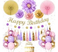 Decoraciones de Cumpleaños Morado y Rosa para Mujeres y Niñas, Decoraciones de Feliz Cumpleaños con Pancarta de Feliz Cumpleaños, Globos de Confeti de Látex, Pompones para Suministros de Fiesta