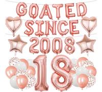 Decoraciones de cumpleaños número 18, color oro rosa, 41 piezas GOATED SINCE 2008, juego de pancartas con números, globos de papel de aluminio, globos de confeti para suministros de fiesta de 18 años