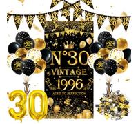 Decoraciones de cumpleaños número 30 para hombres y mujeres, suministros de fiesta vintage de oro negro de 1996 con globos de números, globos de látex, pancarta, confeti y banderines para suministros