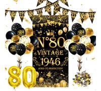 Decoraciones de cumpleaños número 80 para hombres y mujeres, suministros de fiesta vintage de oro negro de 1946 con globos de números, globos de látex, pancarta, confeti y banderines para suministros