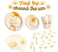 Decoraciones de cumpleaños para primer viaje alrededor del sol, platos y servilletas, vasos con mantel