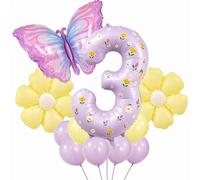 Decoraciones de mariposa para cumpleaños número 3 para niñas, globo morado número 3 de 40 pulgadas, kit de globos de mariposa grandes y globos de aluminio de flores, juego de guirnalda de decoraciones
