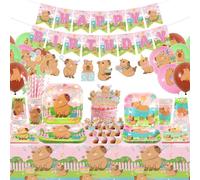 Decoraciones para fiestas de cumpleaños con temática de capibara - Accesorios para fiestas con capibara, que incluyen: pancarta, plato, adorno para pastel, taza, servilleta, globo y mantel