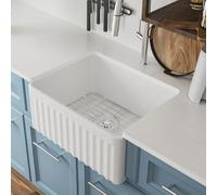 DeerValley Farmhouse - Fregadero de cocina individual (61 cm), color blanco | Fregadero de cocina de cerámica con delantal, con rejilla y colador
