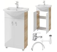 .Deftrans Domodomo Armario de baño con Lavabo, 80 x 50 x 26 cm, Armario de cerámica Blanco, pie para baño pequeño, Blanco + Roble, Grifo de Lavabo, sifón