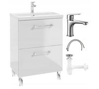 .Deftrans - Mueble con Lavabo 60 x 40 x 84 cm - Mueble bajo con Lavabo, Grifo y sifón - De pie en Blanco Alto Brillo con cajones