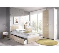 DEKIT GRUPO RIMOBEL DINA PACK - Conjunto de cama de 90X190 con dos cajones, mesita de noche, cómoda de tres cajones y armario - NATURAL / BLANCO