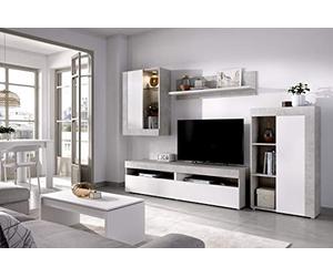 DEKIT Grupo RIMOBEL Tokio - Pack Salón Comedor Completo con Composición TV con LED, Mesa de Centro y Mesa Extensible - Cemento y Blanco