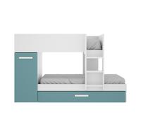 DEKIT GRUPO RIMOBEL TOM - Cama trem con armario y cama arrastre - Blanco/Esmeralda - 150 X 244 X 112