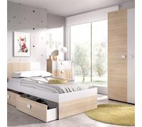 Dekit Pack Habitación Juvenil con Cabecero, Mesita de Noche, Cómoda y Armario, Blanco/Natural - DINA 1 - Completo y Versátil