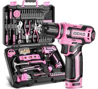 DEKO Caja de Herramientas Completa de 133 Piezas, Rosa - Incluye Taladro Atornillador Eléctrico de 12V, Kit Multiusos de Herramientas Domésticas de Bricolaje para Oficinas y Jardín