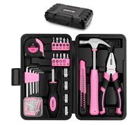 DEKO Caja de Herramientas Completa de 94 Piezas Color Rosa, Pequeño Juego de Herramientas Básicas con Caja de Almacenamiento de Plástico para Hogar Oficina y Taller