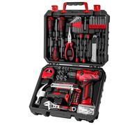 DEKO Caja Herramientas Completa con Destornillador Electrico/Taladro con bateria de 8V, Maletin de 126 Piezas, Caja profesional de herramientas Domésticas de Bricolaje para Oficinas y Jardín,Rojo