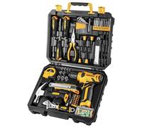 DEKO Caja Herramientas Taladro 8V, 126 Piezas Bricolaje Hogar Amarillo | Maletín de herramientas completo con taladro eléctrico, para trabajos de bricolaje y reparaciones domésticas