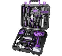 DEKO Caja Herramientas Taladro 8V, 126 Piezas Bricolaje Hogar Morado | Maletín de herramientas completo con taladro eléctrico, para trabajos de bricolaje y reparaciones domésticas.