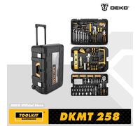 DEKO-Juego de herramientas de mano para el hogar, caja de almacenamiento portátil rodante de tres capas, equipaje profesional, bricolaje, 258 piezas DKMT258
