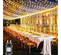 Dekofun 2 Piezas Cortina de Luces 6M x 3M 600 LED Guirnalda Luces con Enchufe, 8 Modos y Temporizador, Impermeable Cascada de Luz para Balcon Boda Fiesta Jardín Exterior Decoración - Blanco Cálido