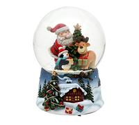 Dekohelden24 Bola de Nieve Santa con Reno y pingüino con Base Azul con Paisaje navideño de Invierno y Mecanismo Musical, melodía: White Christmas