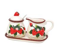 Dekohelden24 Dolomite-Azucarero con Cuchara, jarrita de Leche y Bandeja como Juego de 3 Unidades, con Relieve de Fresa, tamaño Aprox. 19 x 10,5 cm, 12