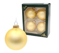 Dekohelden24 Lauschaer - Juego de 4 bolas para árbol de Navidad, color dorado satinado, 8 cm, con corona dorada + 50 perchas rápidas en oro
