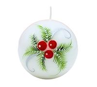 Dekohelden24 Noble vela esférica, vela de mesa, vela decorativa, vela de cera con motivo navideño, vela de Navidad como bola de 10 cm con ramas de abeto y bayas, en blanco, rojo y verde.