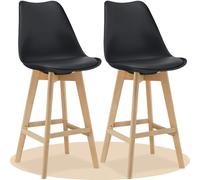 Dekohome Taburete Alto Cocina con Respaldo, Asiento Blando y Tapizado, Patas Altas Resistentes de Madera de Haya con Reposapiés, Sillas Nórdicas, Negro, 2 Unidades