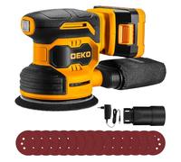 DEKOPRO 20V Lijadora Excéntrica Inalámbrica con 1 Batería de 2,0 Ah, Lijadora de 125 mm Madera 13000 RPM, Incluye 15 Hojas de Lija, Apta para Proyectos de Bricolaje en Madera, Amarillo y Negro