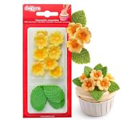 Dekora - Caja de 8 Flores de Azucar Amarillas y 5 Hojas Verdes - Figuras Comestibles para Tartas - Decoracion Tarta Cumpleaños de Azúcar