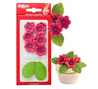 Dekora - Caja de 8 Flores de Azucar Fucsia y 5 Hojas Verdes - Figuras Comestibles para Tartas - Decoracion Tarta Cumpleaños de Azúcar