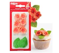Dekora - Caja de 8 Flores de Azucar Rosas y 5 Hojas Verdes - Figuras Comestibles para Tartas - Decoracion Tarta Cumpleaños de Azúcar