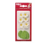dekora - Caja de Flores de Azúcar con 7 Margaritas Blancas y 5 Hojas Verdes - Figuras Comestibles para Tartas, Cupcakes y Pasteles - Sabor Neutro, Sin Gluten, Sin Lactosa y Sin Proteínas de Leche