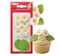 Dekora - Caja de Flores de Azucar con 7 Margaritas Blancas y 5 Hojas Verdes - Figuras Comestibles para Tartas - Decoracion Tarta Cumpleaños de Azúcar